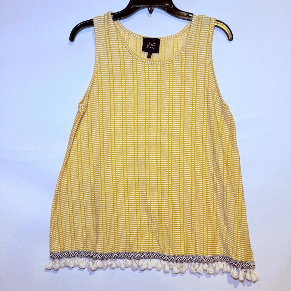 W5 Womens Yellow White Grid Tassel Hem Sleeveless Tank Top Large Boho